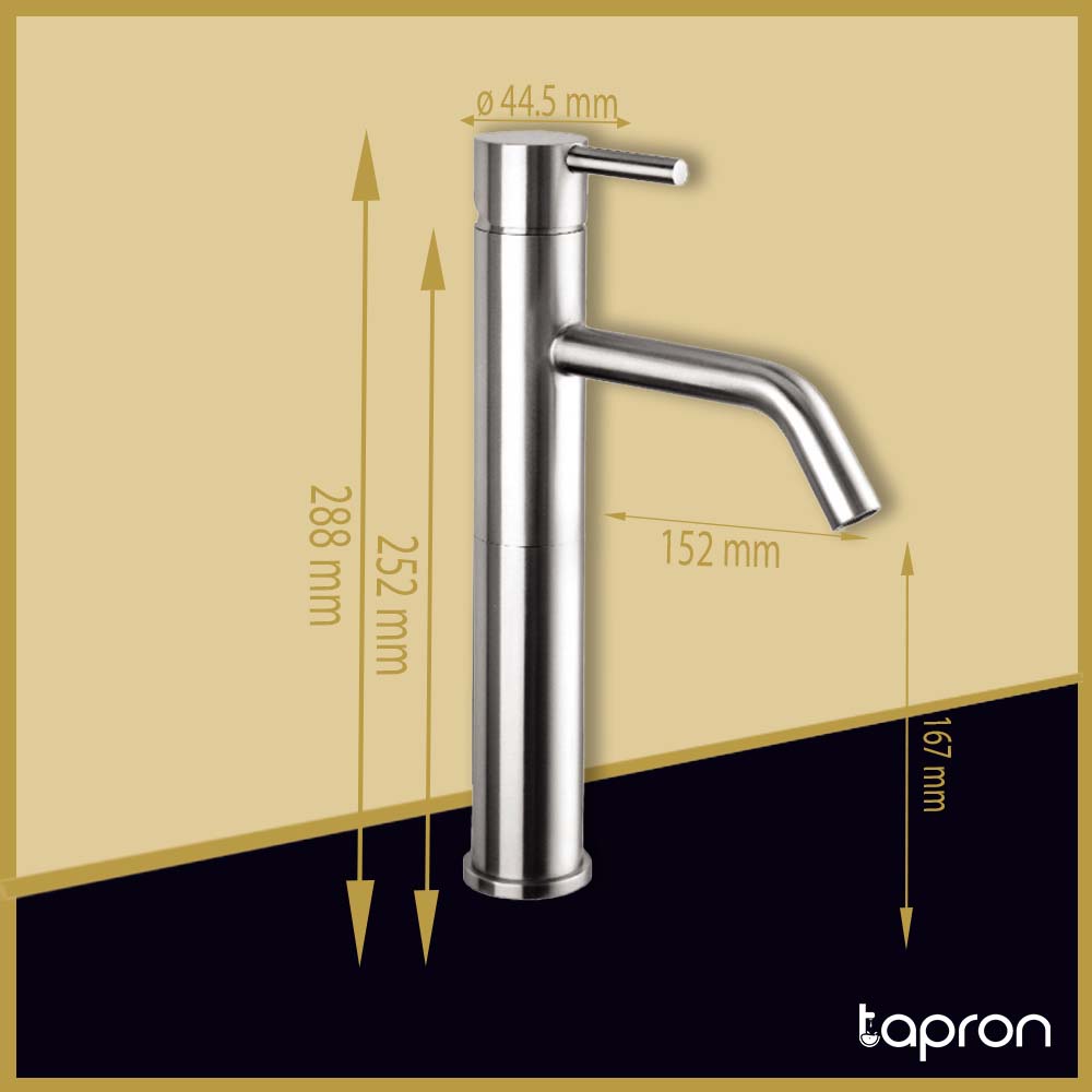 Brushed Steel Monobloc Single Lever Tall Basin Mixer Tap- Dimension