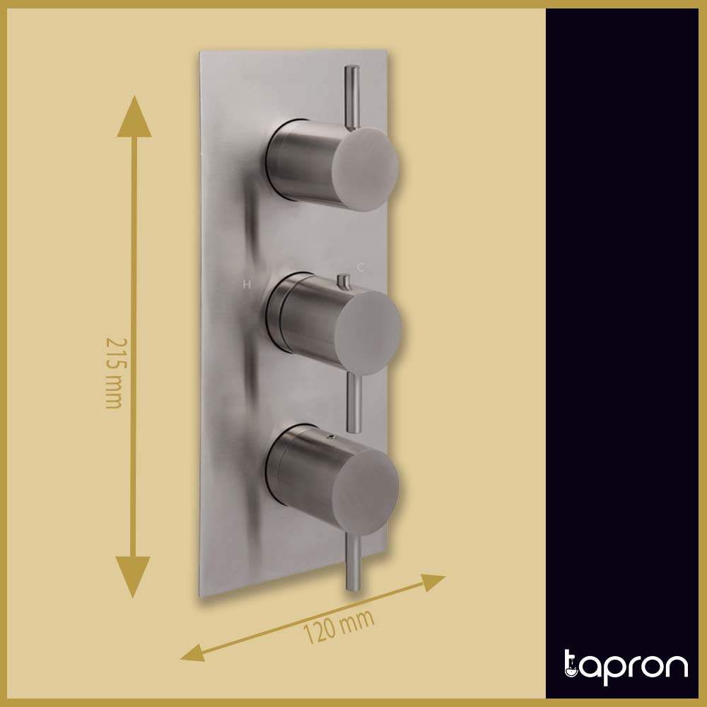Brushed Stainless Steel Thermostatic Shower 3 Outlet Valve - Dimension