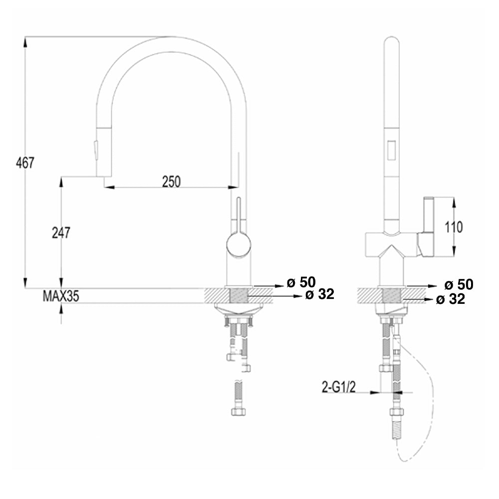 Technical drawing black kitchen tap with pull out