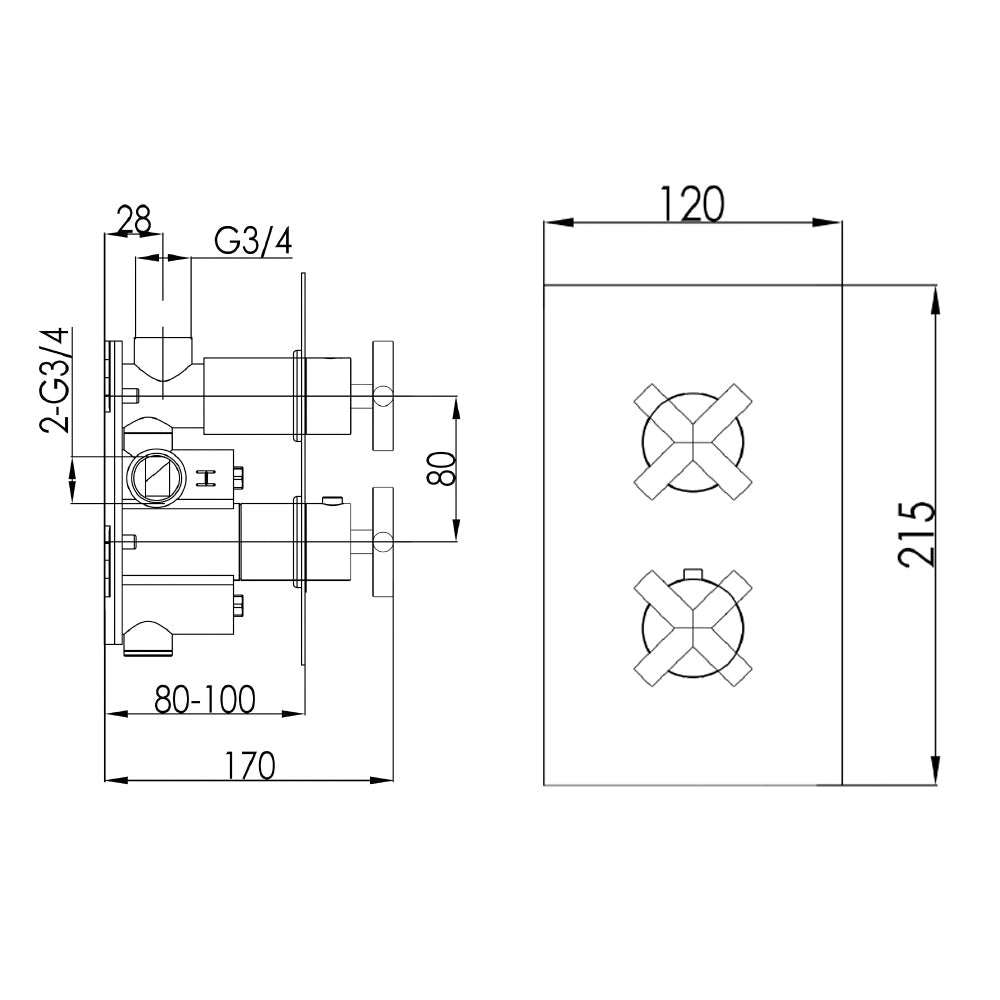 Single outlet thermostatic shower valve - Technical Drawing