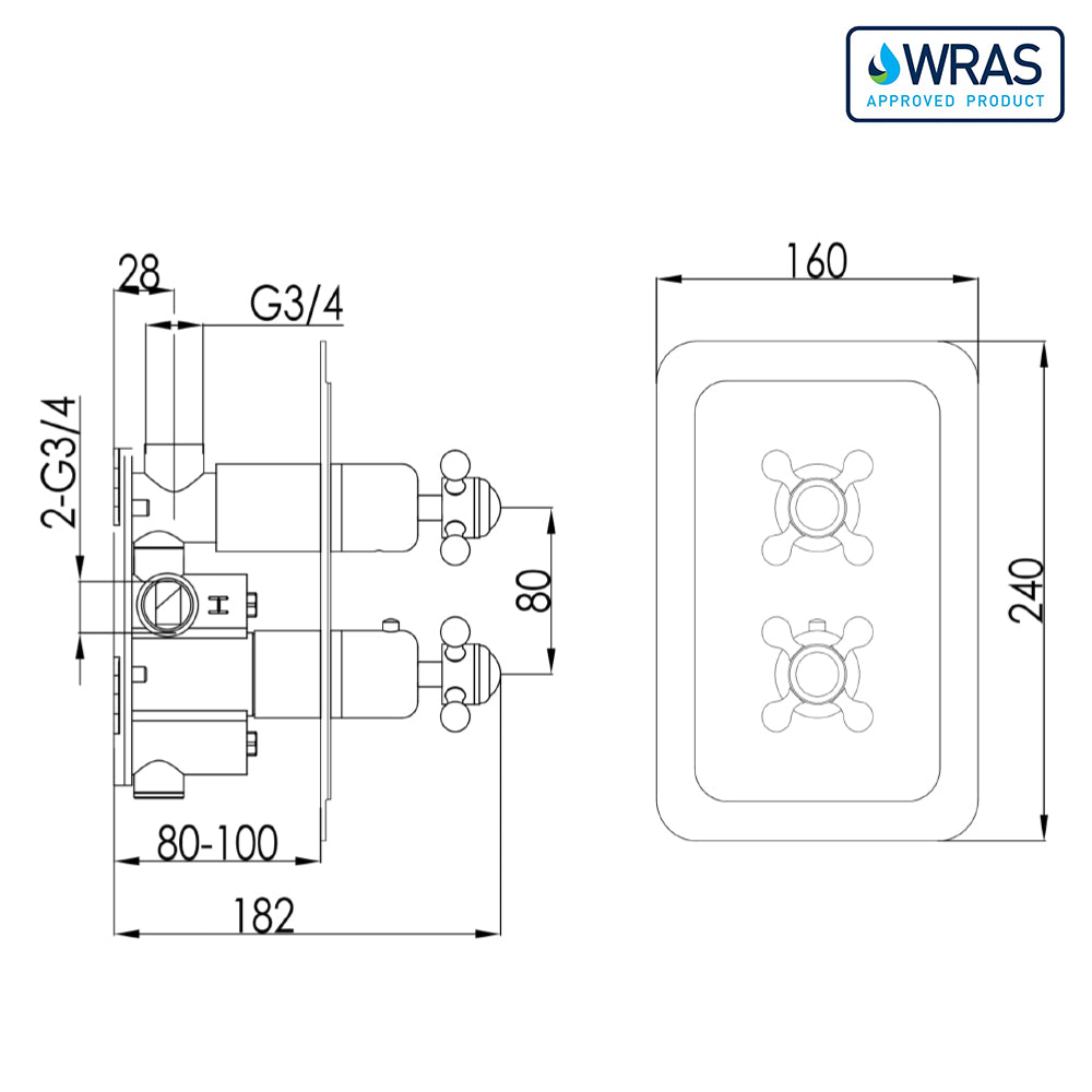 Traditional concealed 1 outlet shower valve - Technical drawing