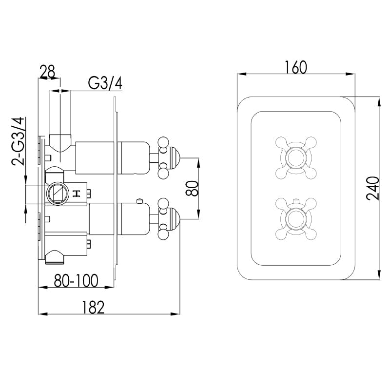 Crosshead Single Outlet Concealed Thermostatic Shower Valve -Technical Drawing