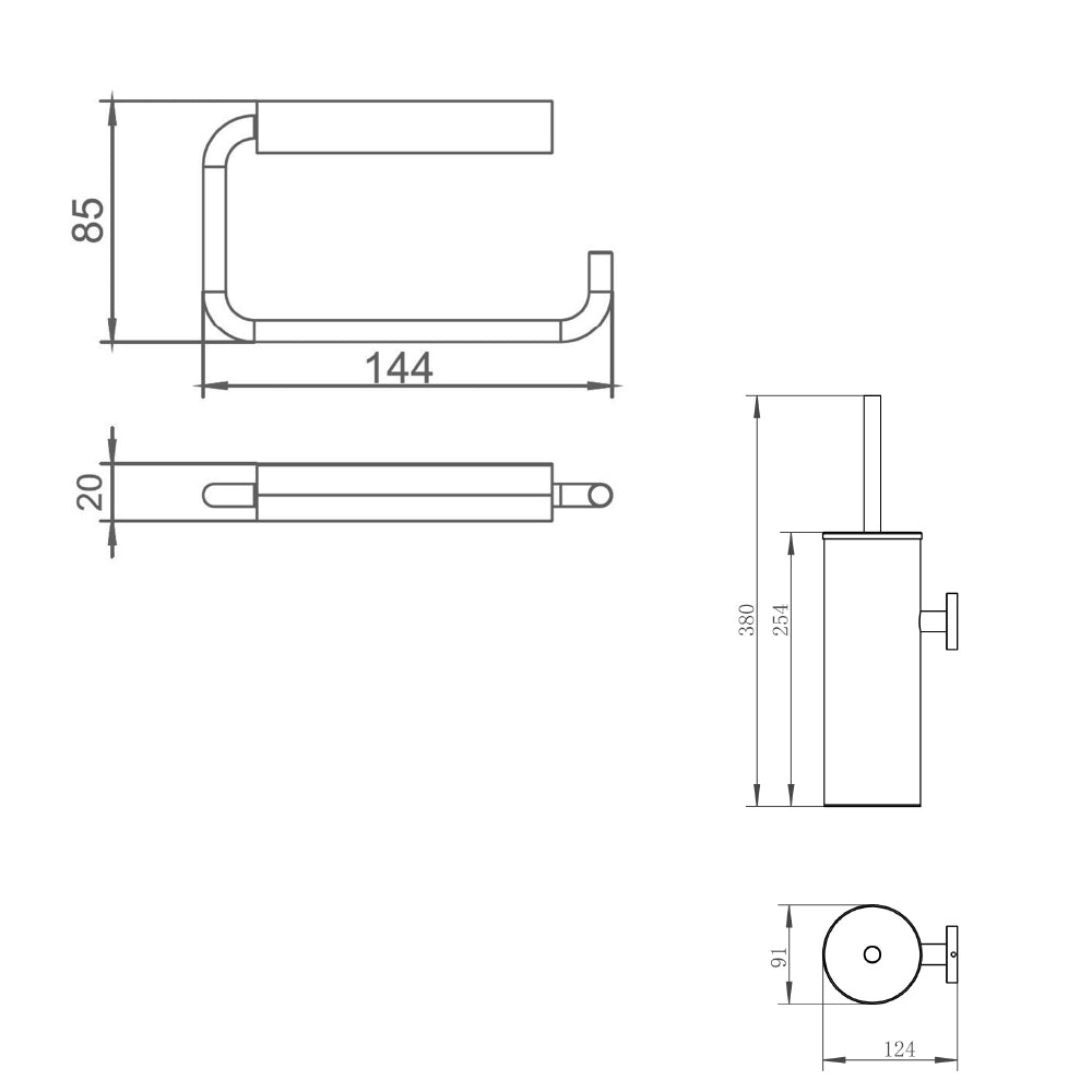 Toilet roll holder and brush holder set- Technical drawing