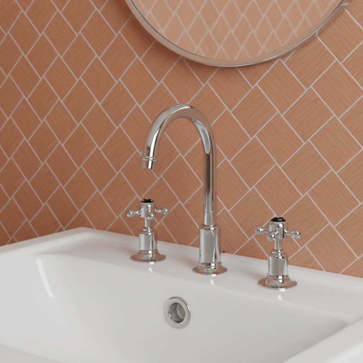 Traditional 3 Hole Deck Mounted Basin Mixer Tap with Crosshead Handles