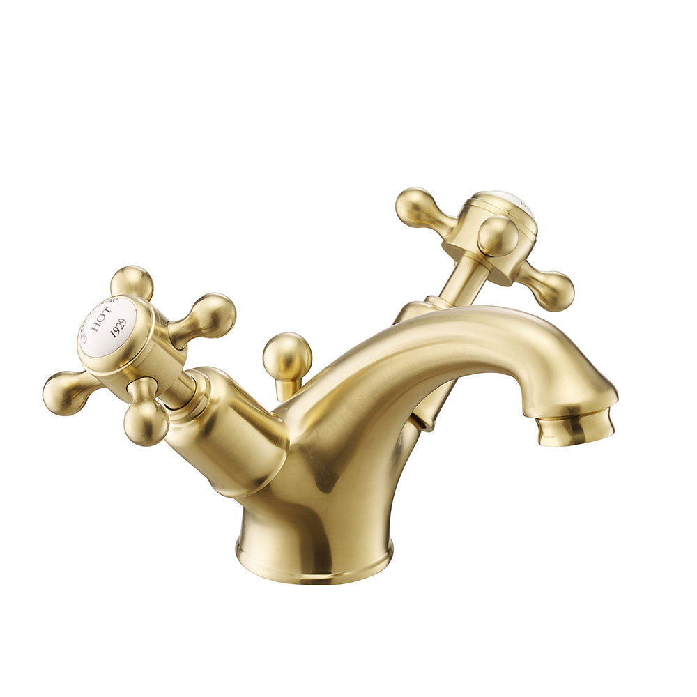 Traditional brushed brass mono basin mixer tap with dual crosshead handle