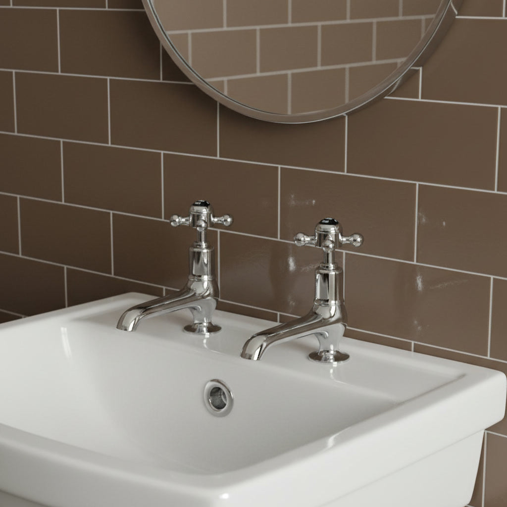 Traditional Chrome Black Crosshead Long Nose Basin Pillar Taps
