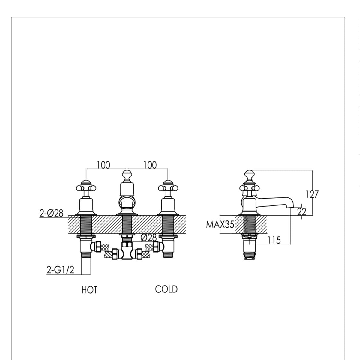 Traditional Deck Mounted 3 Hole Basin Tap technical details