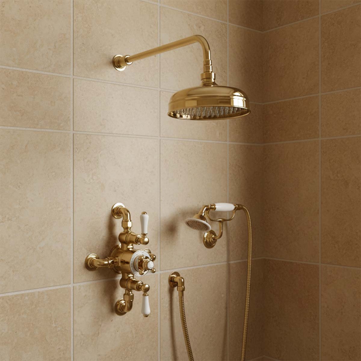 Traditional Exposed 2 Outlets Thermostatic Shower - gold