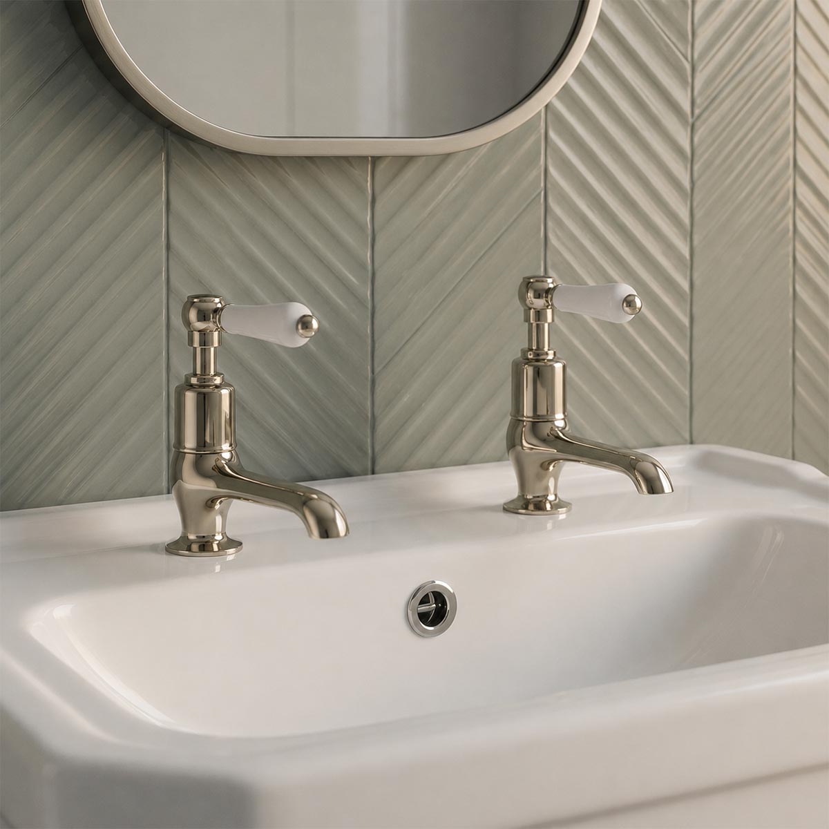 Traditional Long-Nose Deck-Mounted Basin Pillar Taps- Nickel