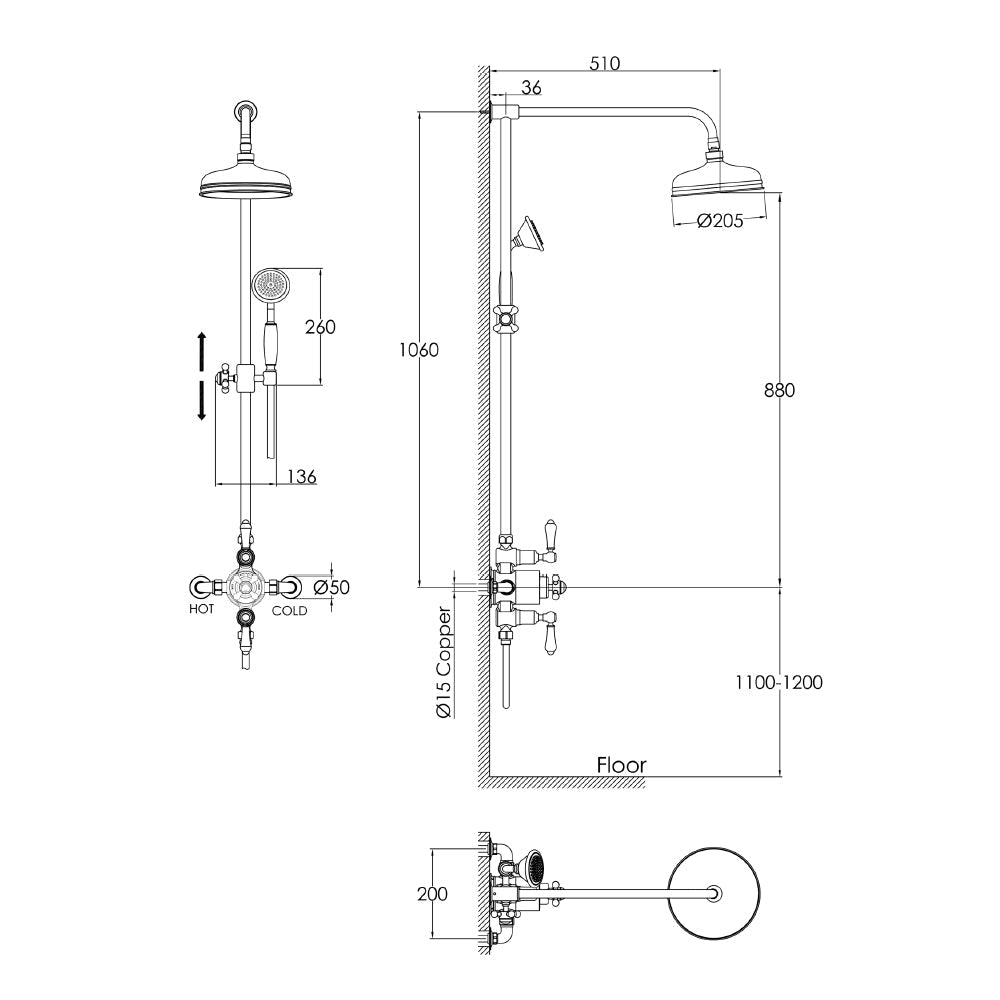 Traditional Rigid Riser with Exposed Valve 200mm Shower Head Handshower-Brushed Brass