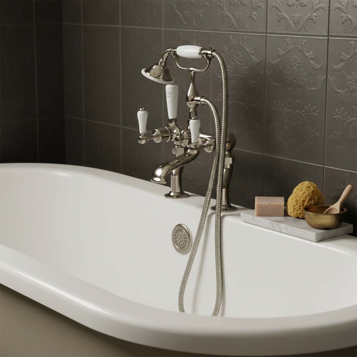 Traditional bath tap with shower head - nickel