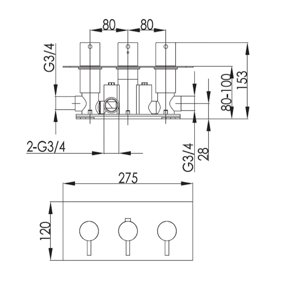 concealed shower valve 2 outlet technical drawing-tapron