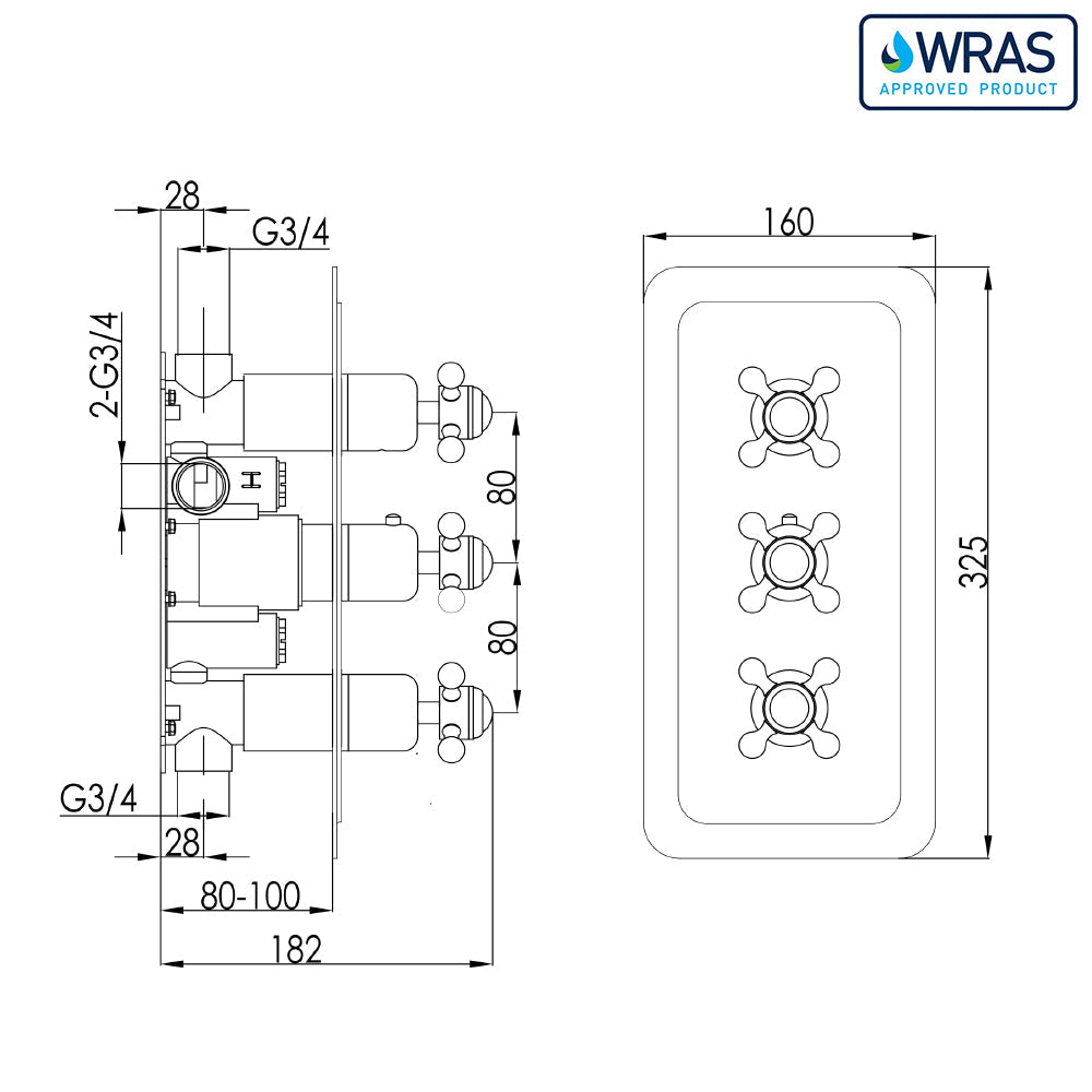2 way concealed shower valve - Technical drawing