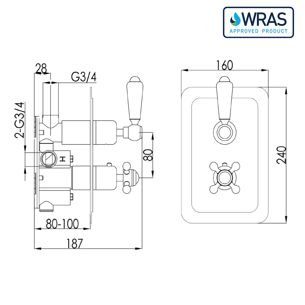 Brass single way shower valve - Technical drawing