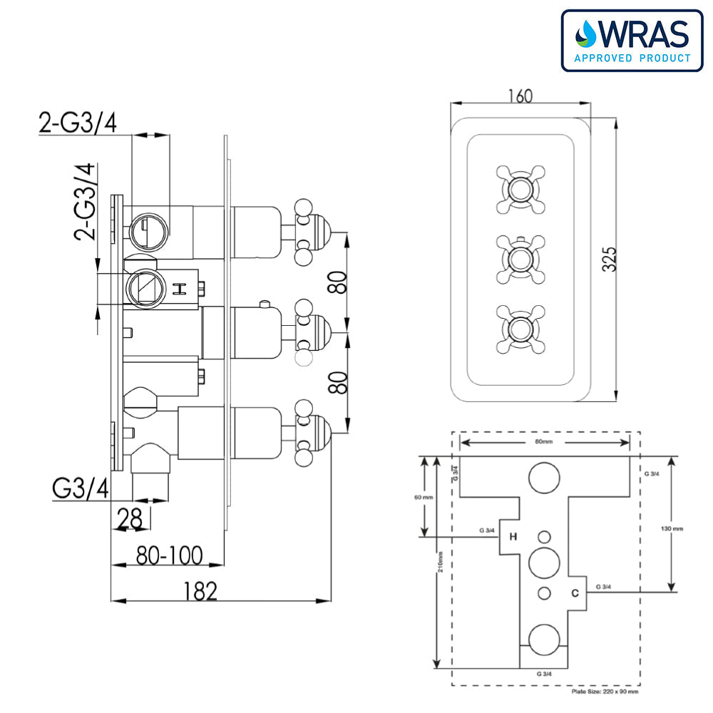 Thermostatic concealed 3 outlet shower valve - Technical drawing