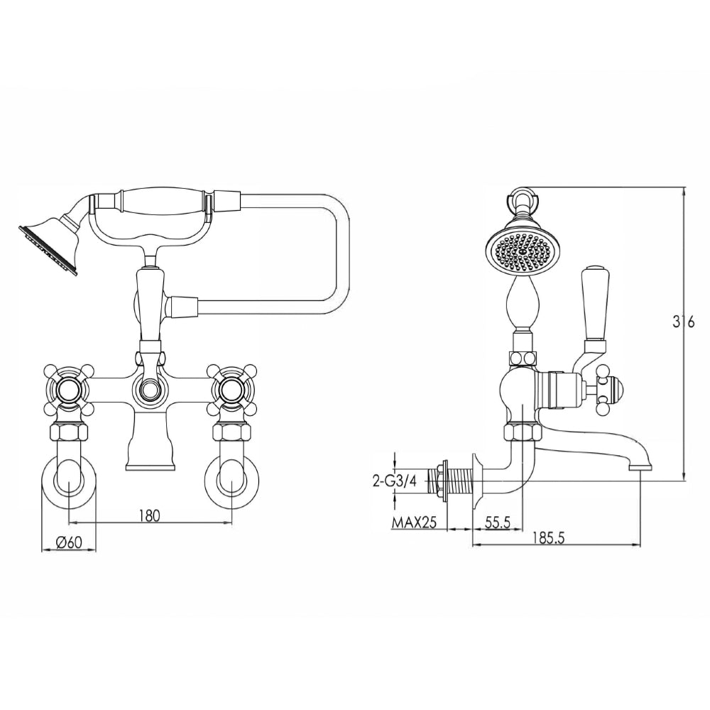 Traditional wall-mounted bath shower mixer with kit - Technical drawing