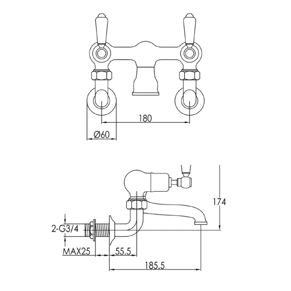 Victorian bath filler tap - Technical drawing