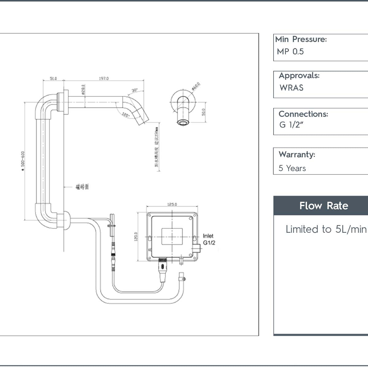 Wall Mounted Sensor Spout - Chrome technical details