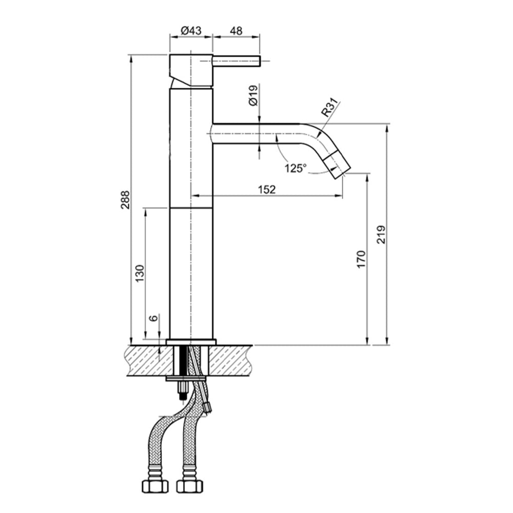 Modern steel basin tap - technical drawing