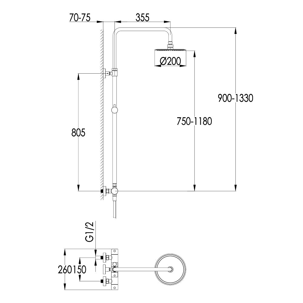 Shower riser rail kit - Technical drawing