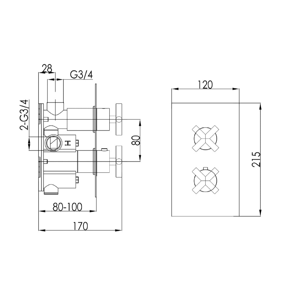 Concealed 1 Outlet Shower Valve, Vertical - Technical drawing