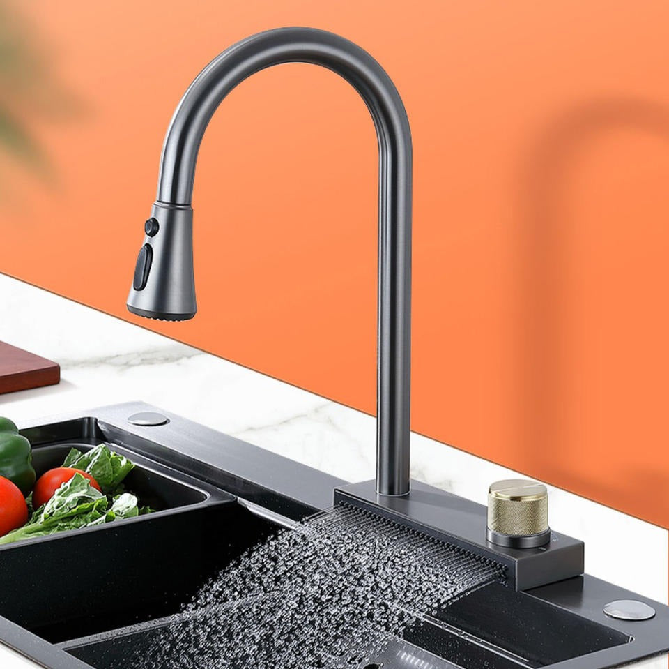Black wide outlet kitchen tap with pull out spray