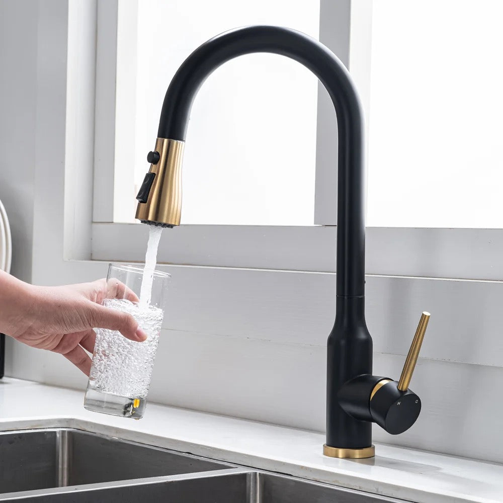 Black and gold single lever kitchen tap with pull out spray