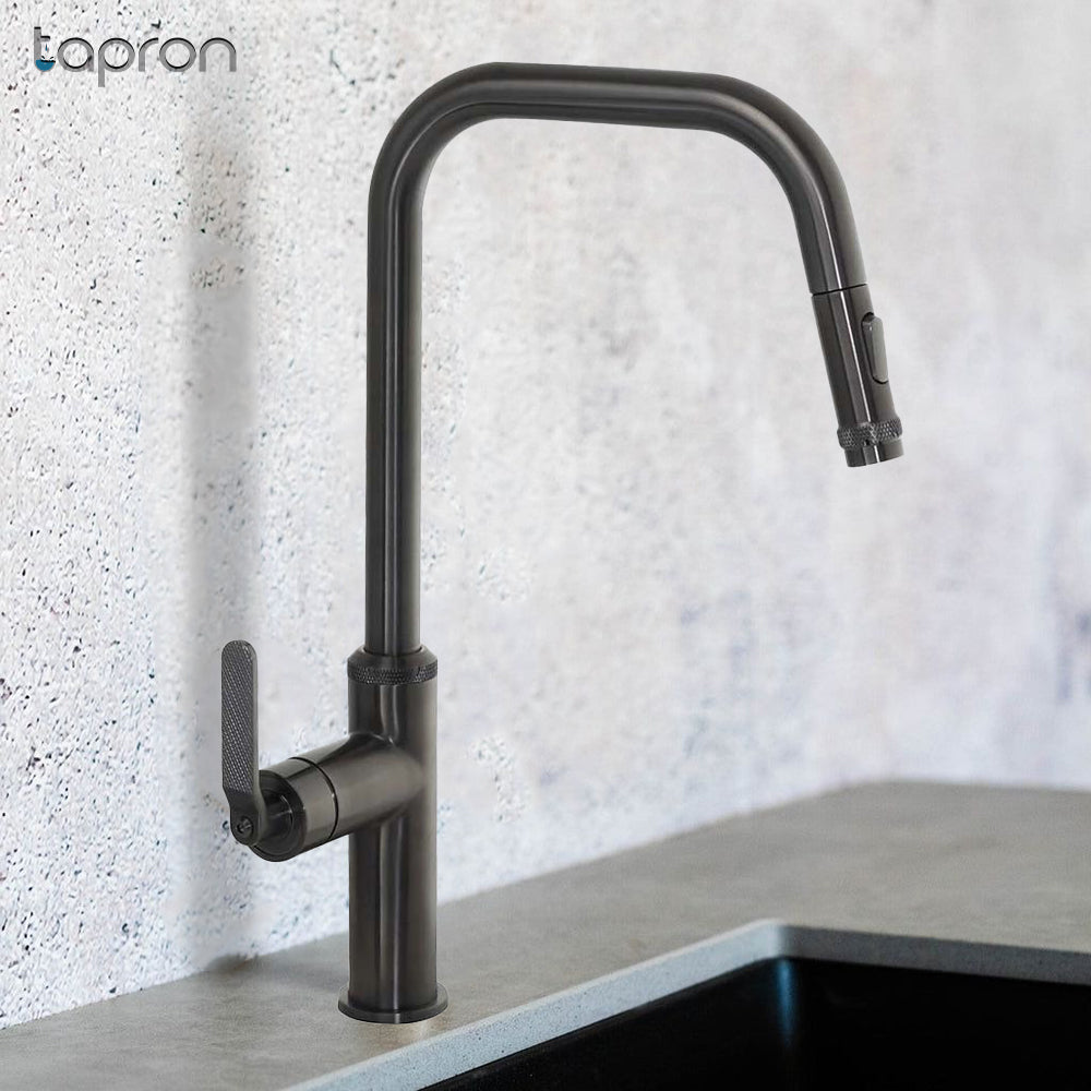 Black kitchen mixer tap with pull out spray