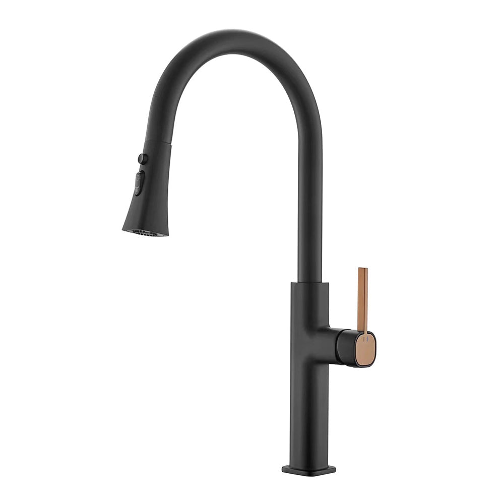 Black swivel spout kitchen tap with rose gold lever handle