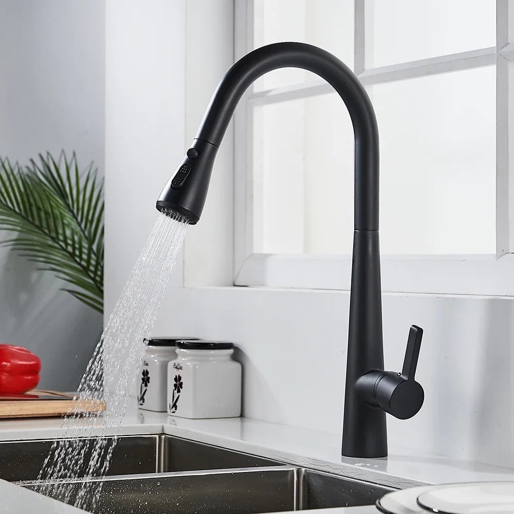 Matt black pull out kitchen tap with single lever