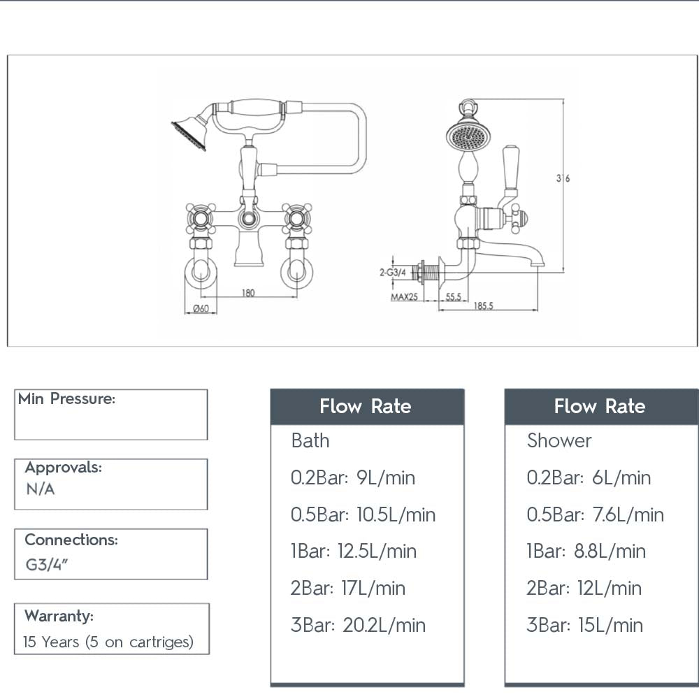 Gold bath tap with shower kit - Technical drawing