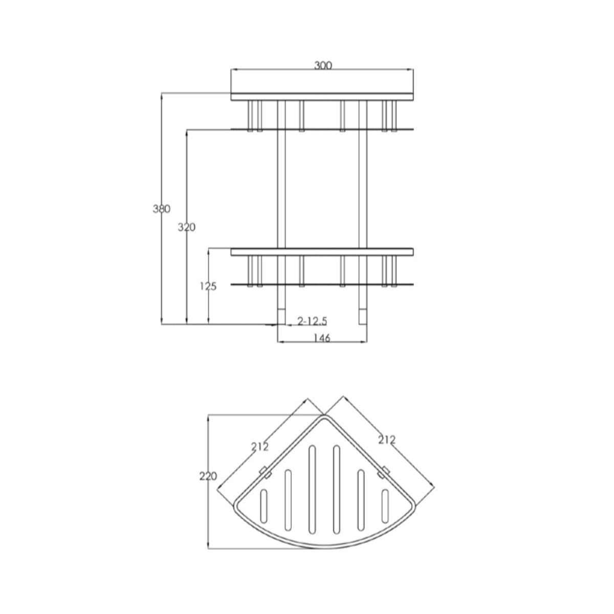 Bronze Twin Shower Basket - Technical drawing
