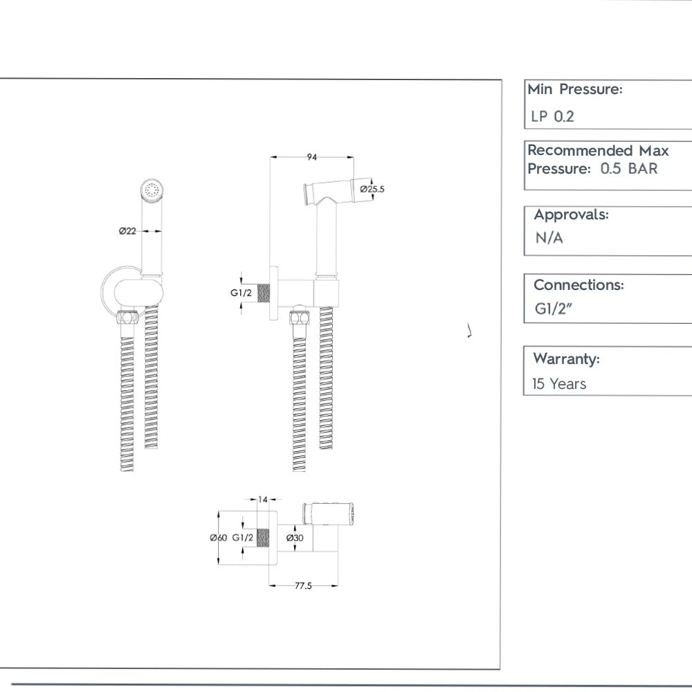 Douche Kit with valve technical drawing
