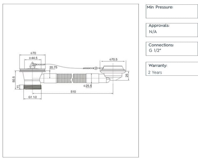 Brass bath waste with overflow - Technical drawing