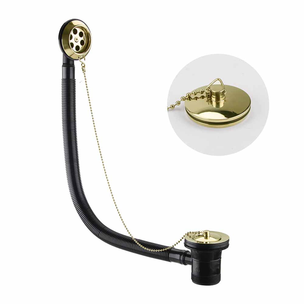 Brushed brass bath waste with plug and chain