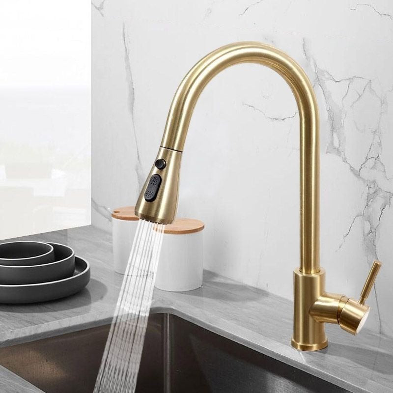 Gold kitchen faucet with pull out spray