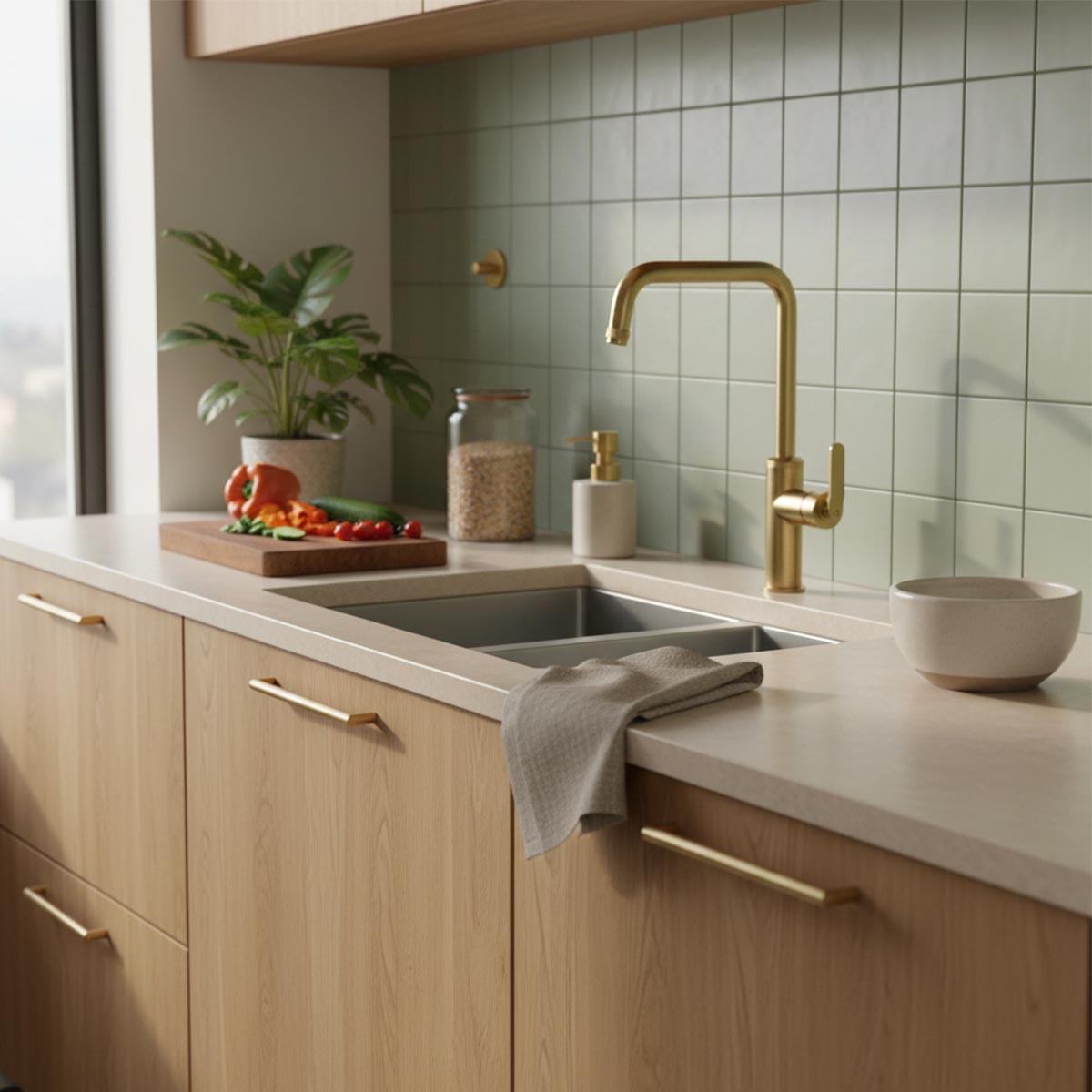 brushed brass kitchen tap with single lever