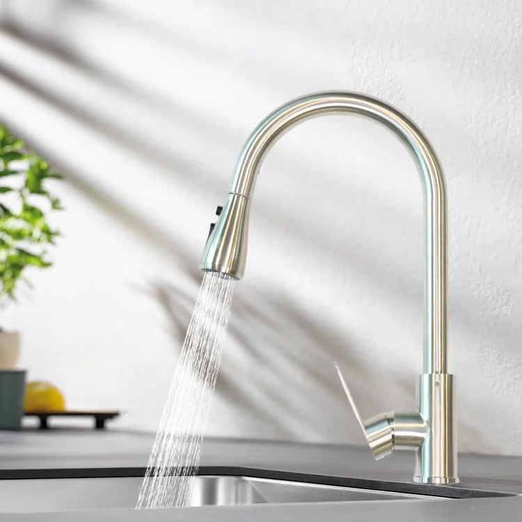Brushed stainless steel kitchen tap with pull out spray