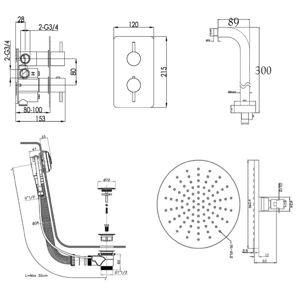 Chrome Thermostatic Concealed Shower - Technical Drawing