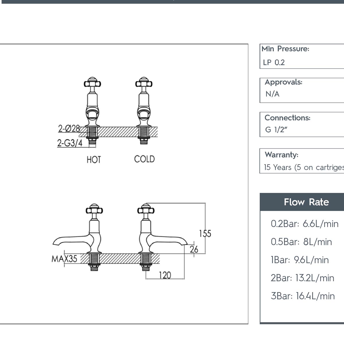 Traditional Long Nose Basin Pillar Taps - Chrome technical details