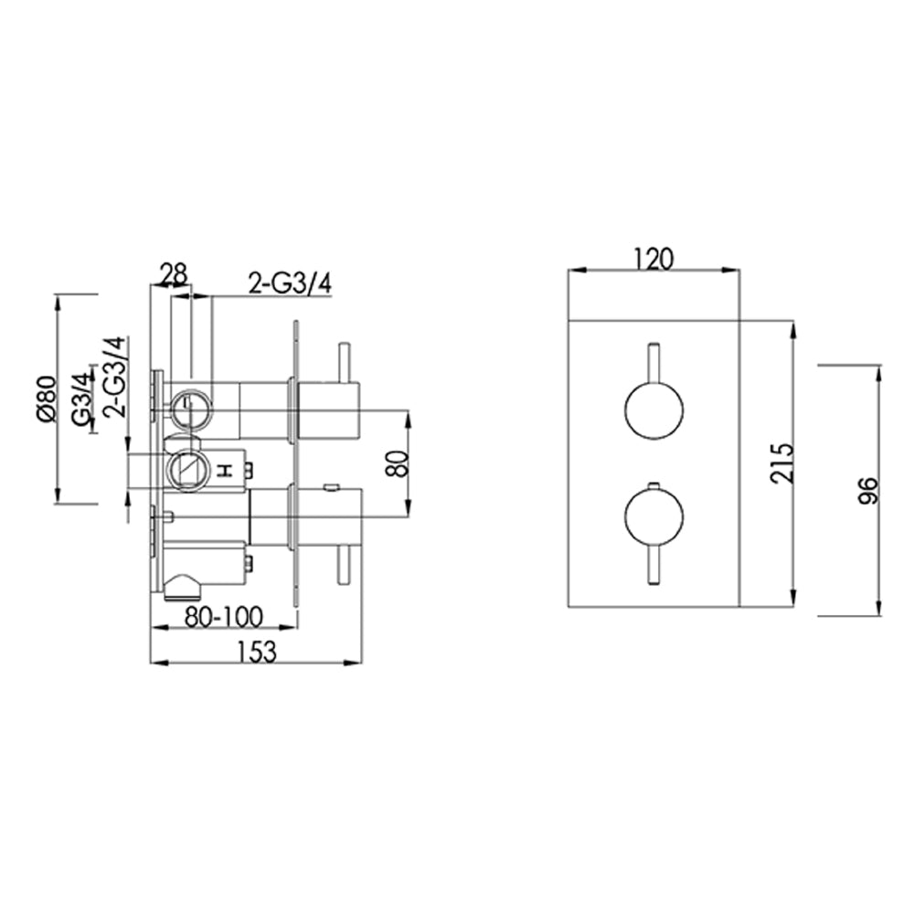 2 outlet thermostatic valve with designer handle - Technical drawing