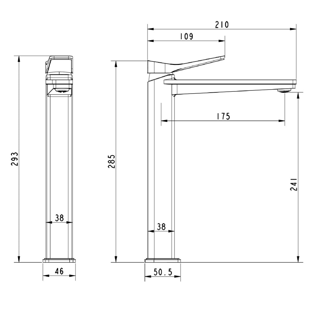 High rise sink tap technical drawing-tapron
