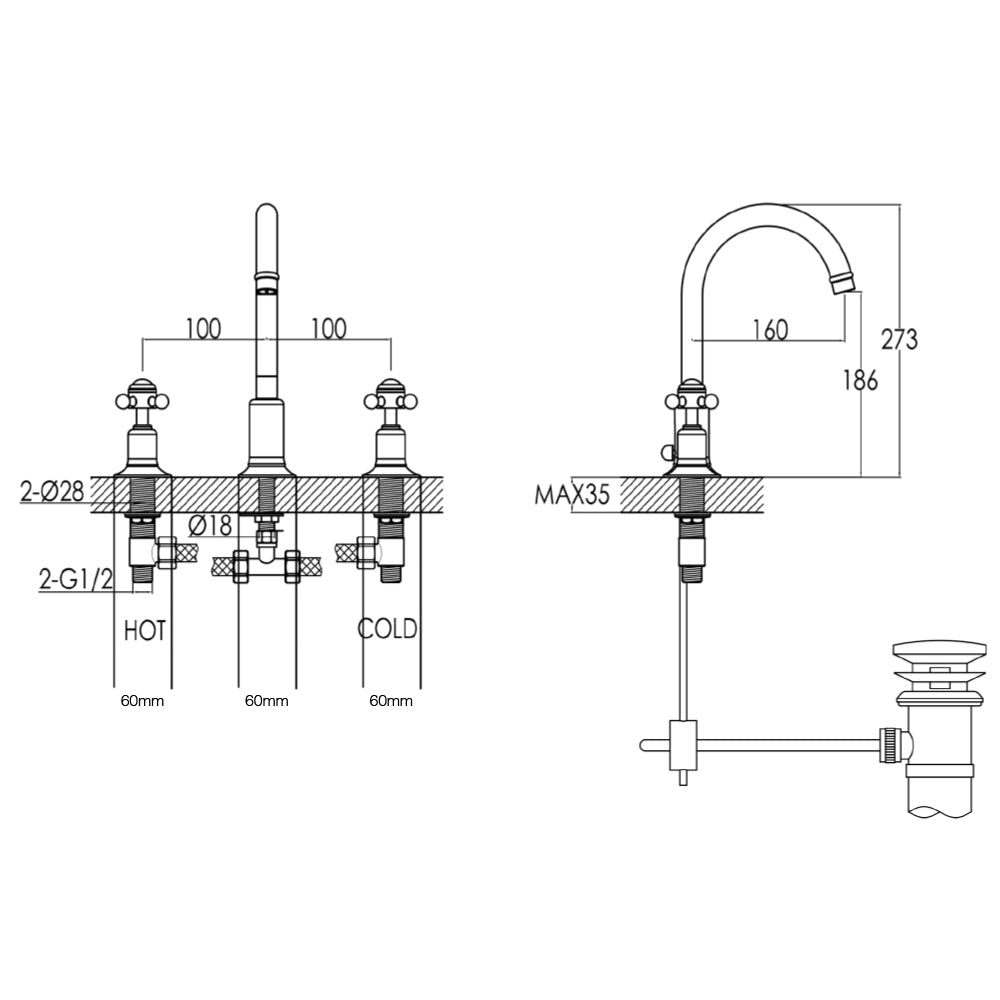 Gold basin tap - Technical drawing