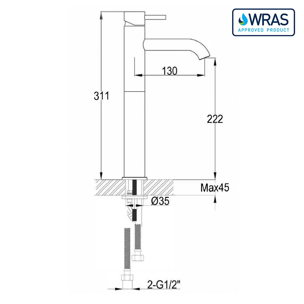 Modern tall sink tap technical drawing-tapron