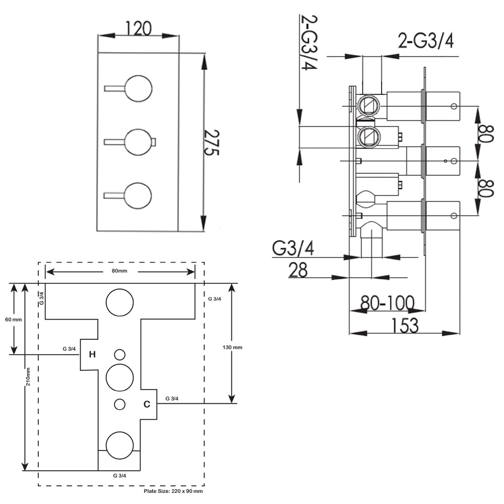 3 outlet thermostatic shower valve - Technical drawing