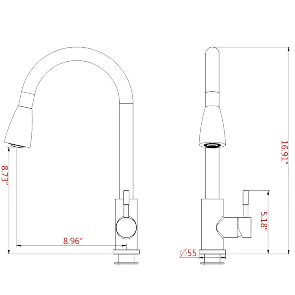 Gold single lever kitchen tap technical drawing