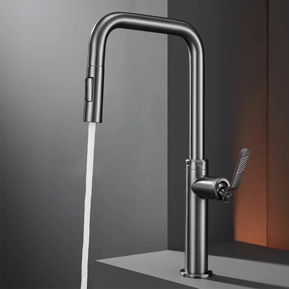 Brushed black kitchen mixer tap with pull out spray