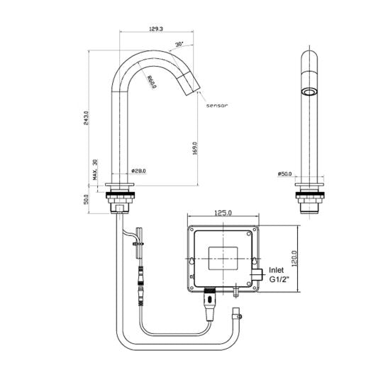 Infrared basin tap - Technical drawing