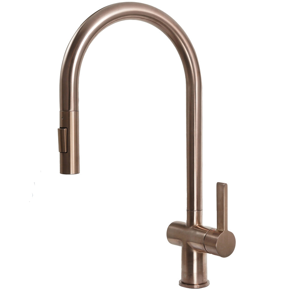Brushed bronze single lever control kitchen tap with hose