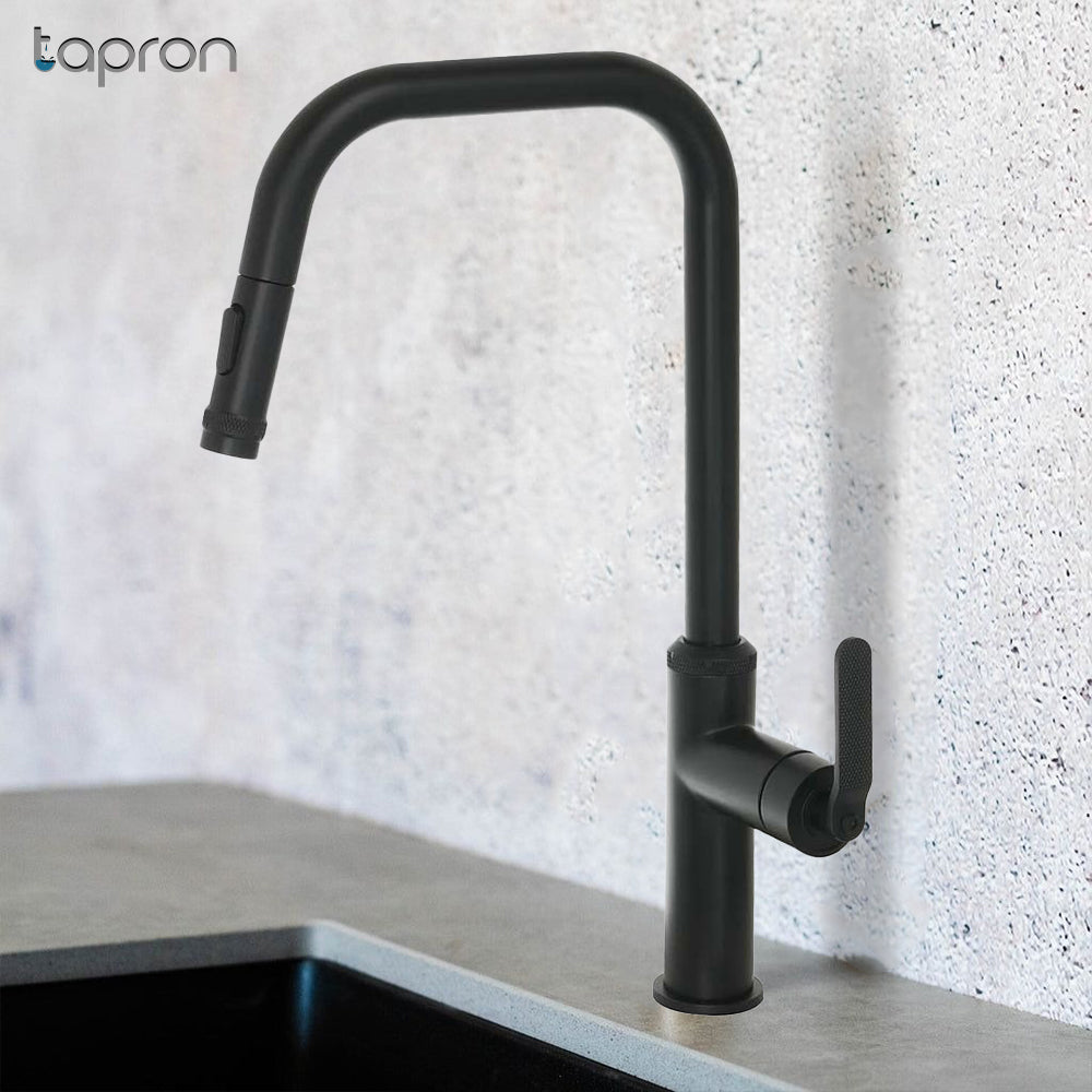 Matt black kitchen sink tap with pull out